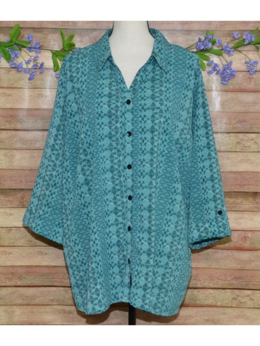 Catherines Size 2X Womens Blouse Top 3/4 Sleeve Teal Green Geo Print Office